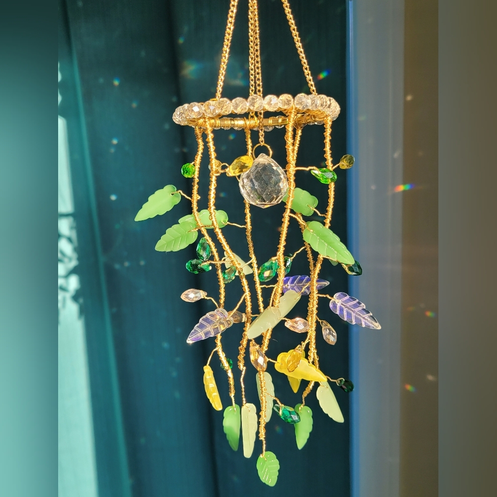 Gold Hanging Crystal Suncatcher with Green & Yellow Leaf Accents